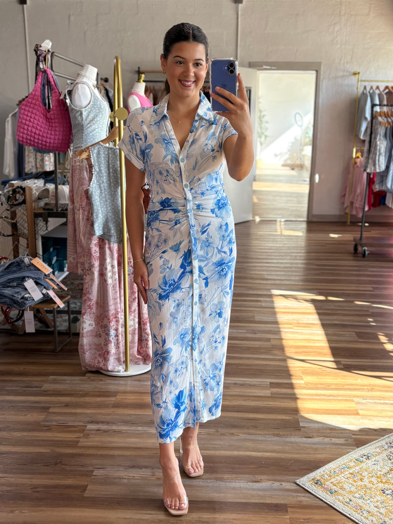 floral fitted midi dress – Thumb Print Boutique Spanish Princess 12 Pack Flat Black Midi / Mid Color:Delphinium Blue