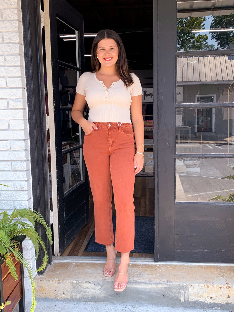 Acid Washed High Waist Cropped Straight Pants