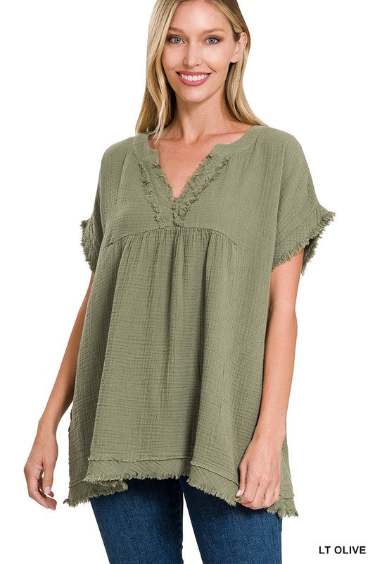 Double Gauze Raw Edge V-Neck
