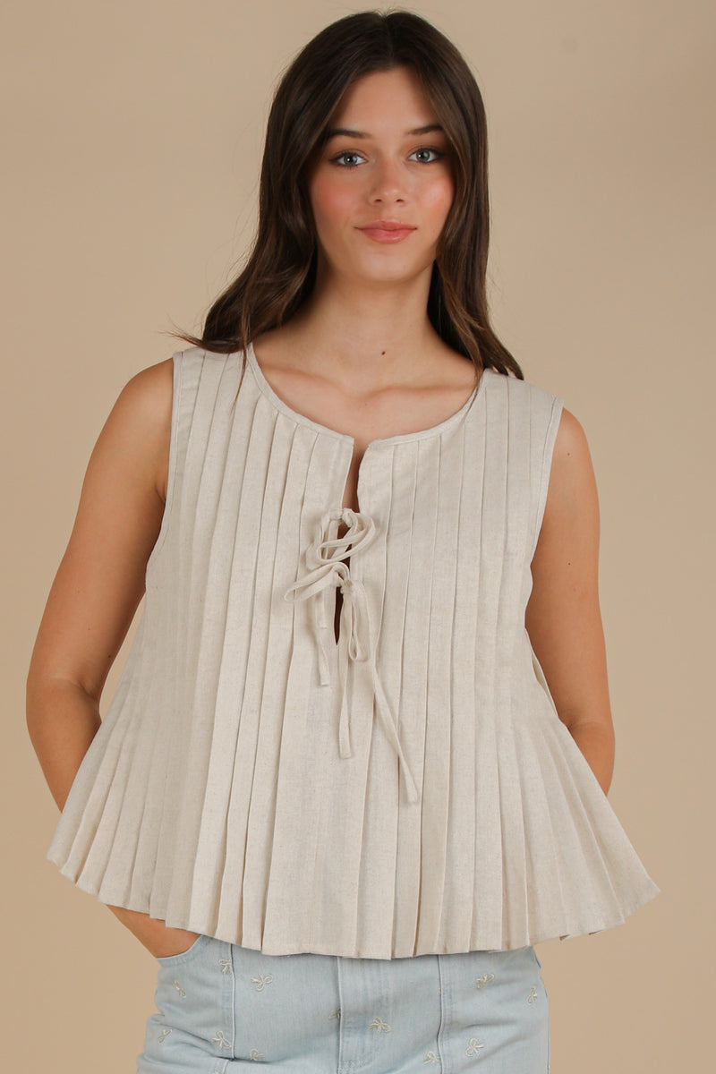 Beside Me Pleated Front Tie Blouse