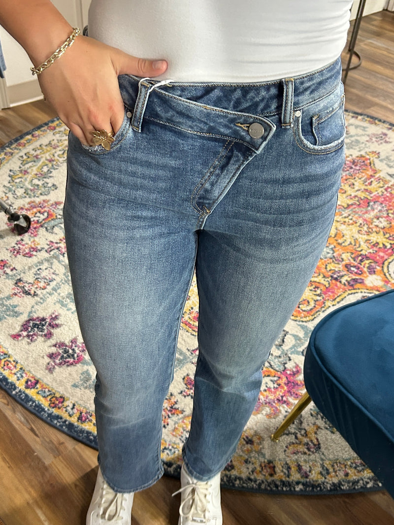High Rise Crossover Straight Leg Jeans