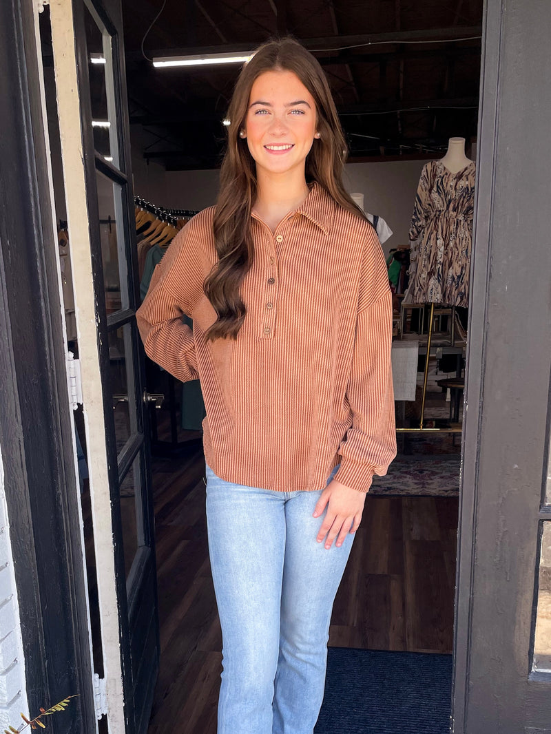 Pinstripe Collared Half Button Top