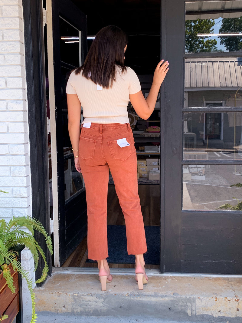 Acid Washed High Waist Cropped Straight Pants