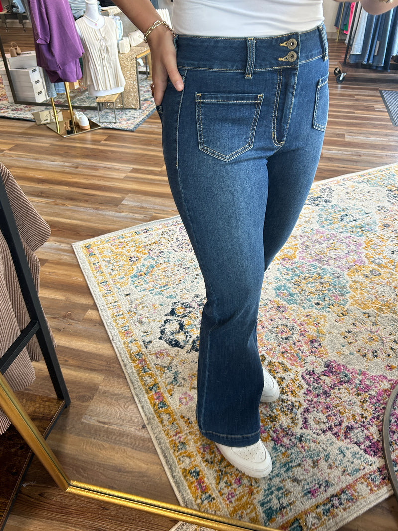 Kali's Two Button Mid Rise Flare Jean