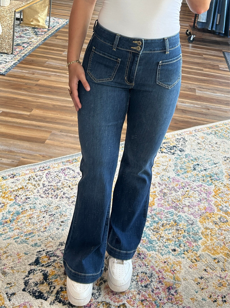 Kali's Two Button Mid Rise Flare Jean