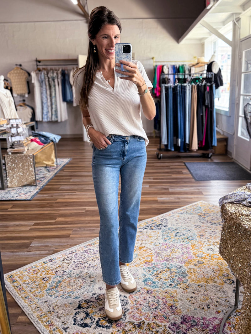 High Rise Crossover Straight Leg Jeans