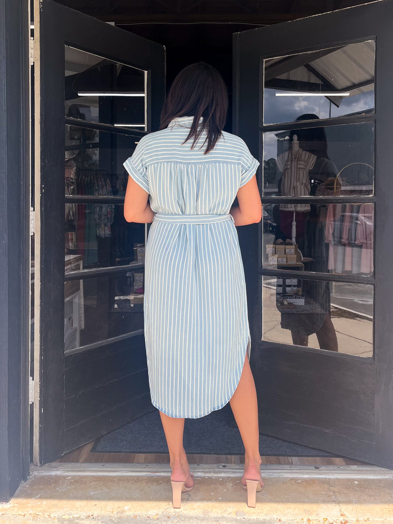 Striped Collar Denim Midi Dress