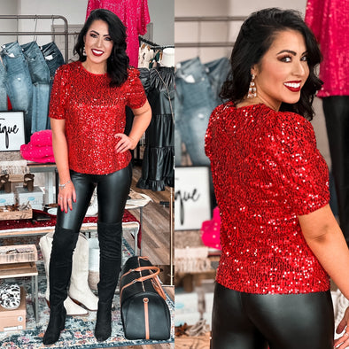 Holiday Red Sequins Puff Shoulder Blouse