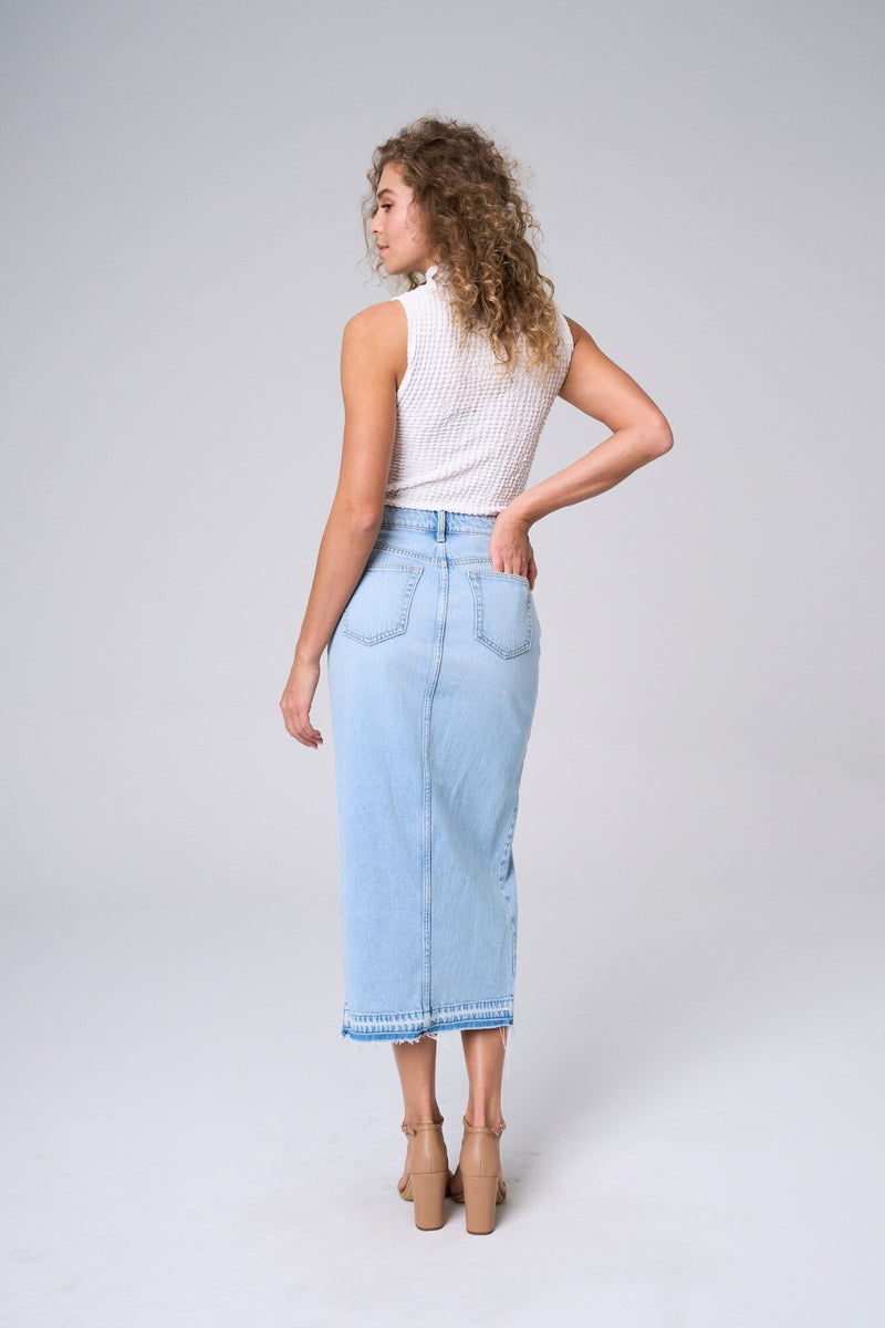 Light Denim Maxi Skirt With Front Slit