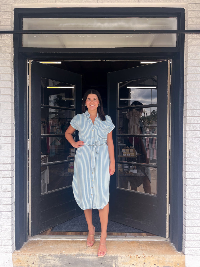 Striped Collar Denim Midi Dress