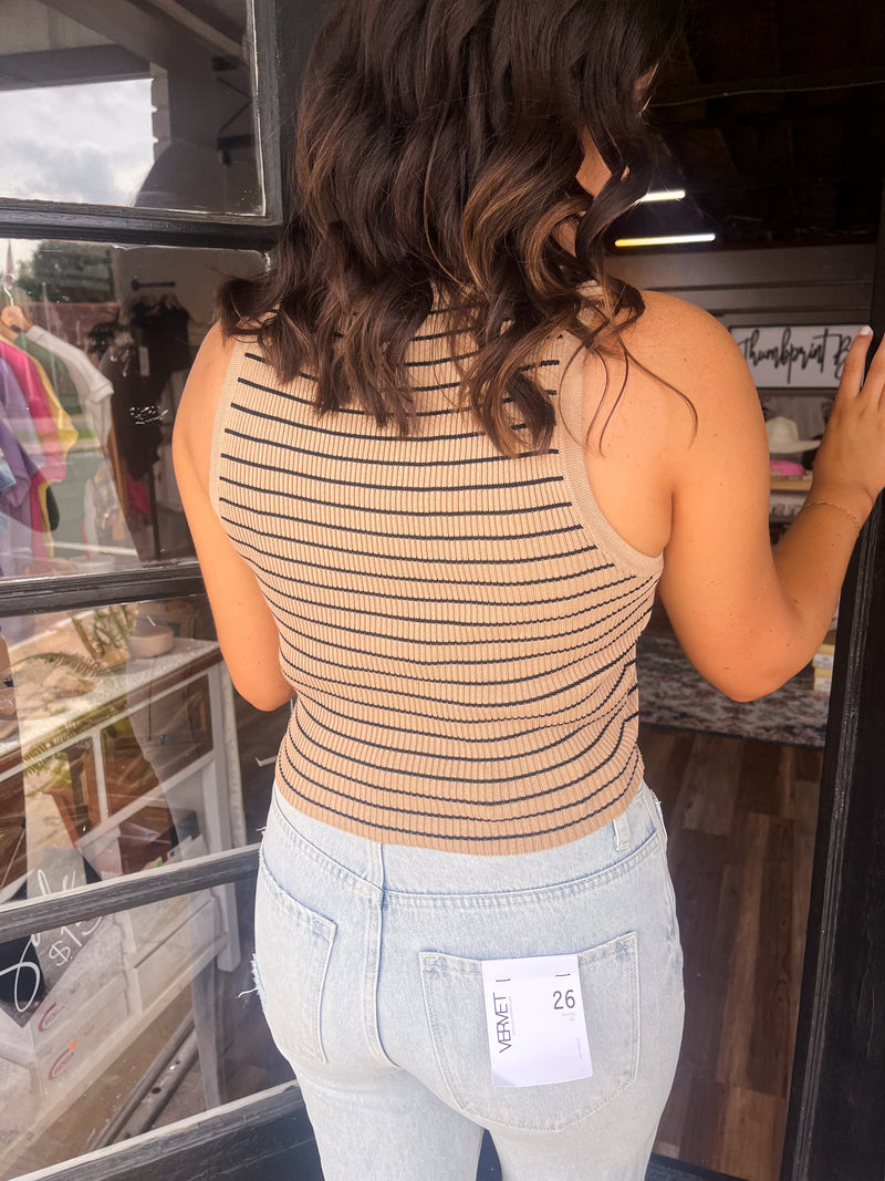 Stripe Sleeveless Henley Knit Crop Top