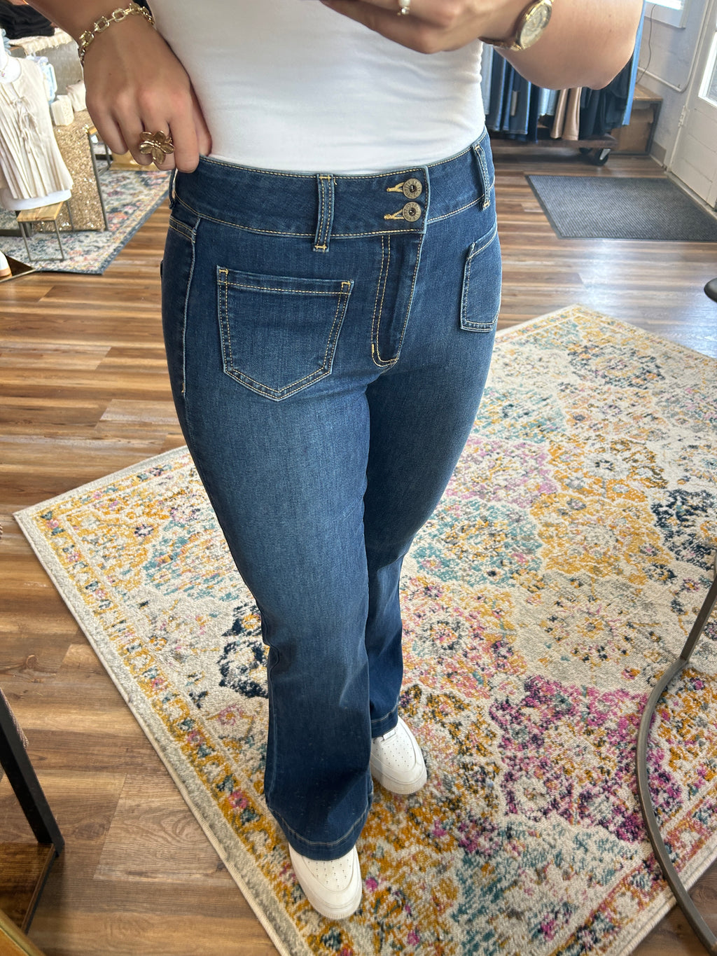 Kali's Two Button Mid Rise Flare Jean