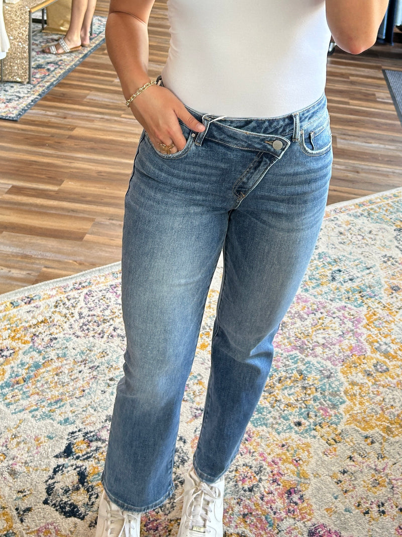 High Rise Crossover Straight Leg Jeans