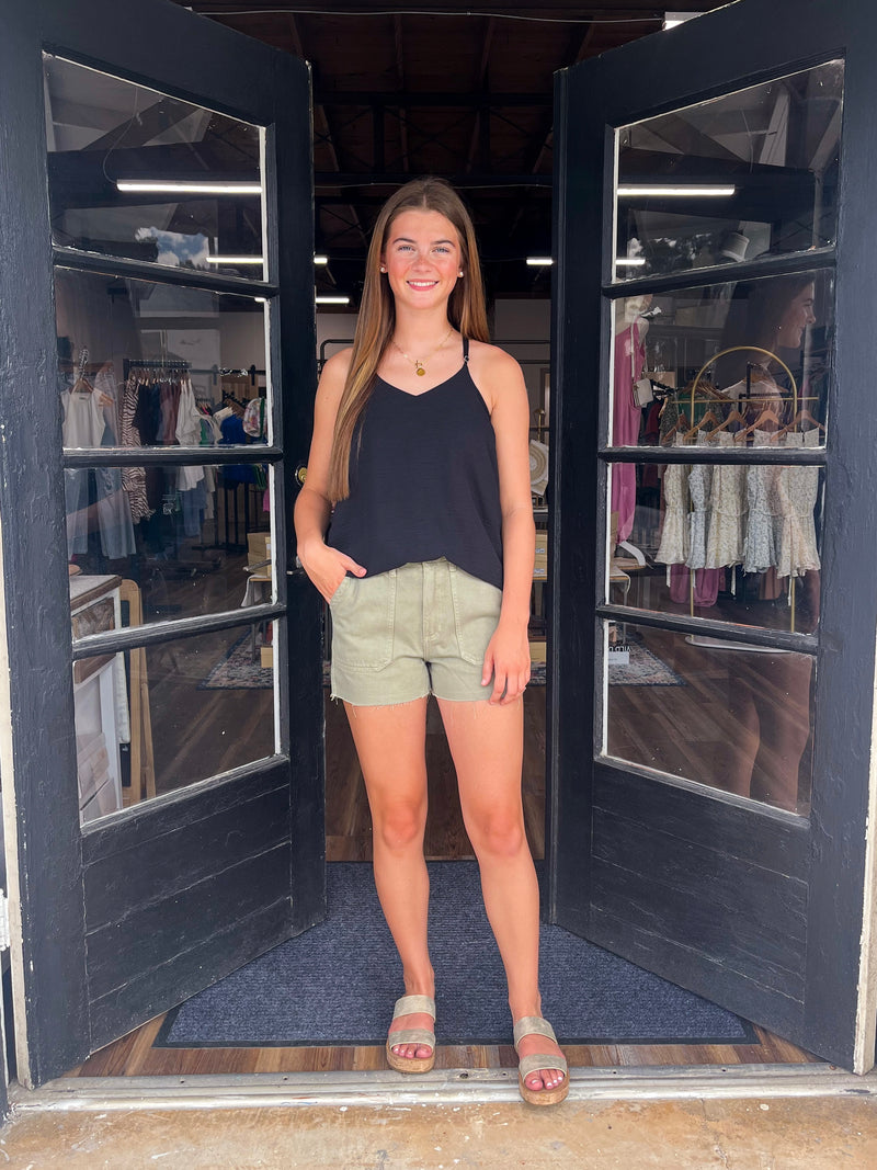 Utility Olive Denim Shorts