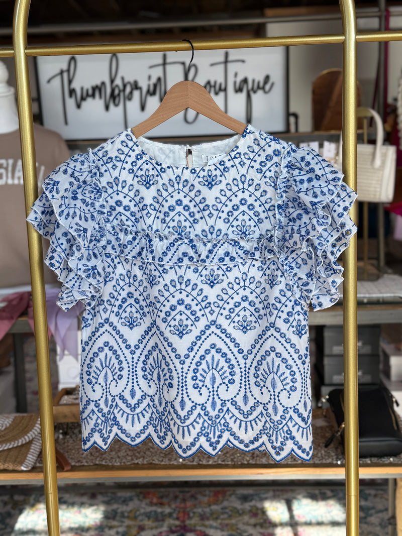 Em's Embroidered Eyelet Ruffle Sleeves Top