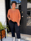 Textured Line Hi-Low Hem Folded Sleeve V-Neck Top
