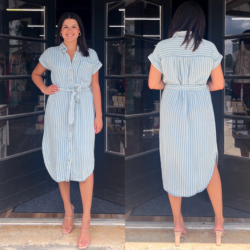 Striped Collar Denim Midi Dress