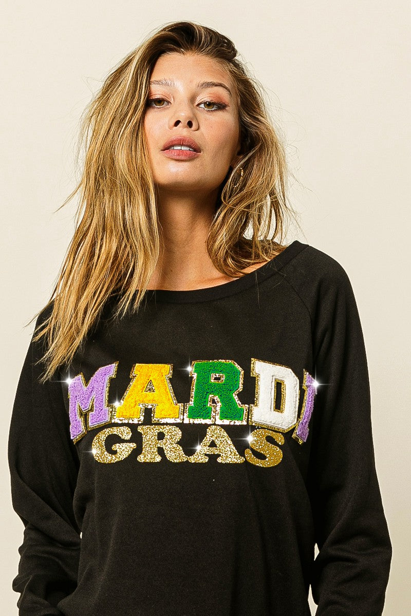 MARDI GRAS LETTER GLITTER PULLOVER