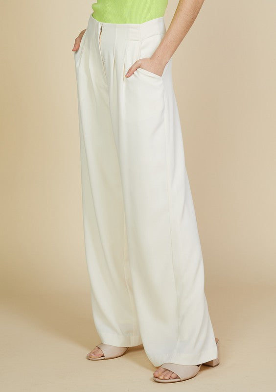 Pintuck Wide Leg Off White Pants