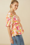 Light Floral Bubble Sleeve Peplum Top