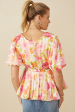 Light Floral Bubble Sleeve Peplum Top