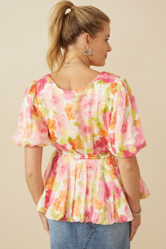 Light Floral Bubble Sleeve Peplum Top