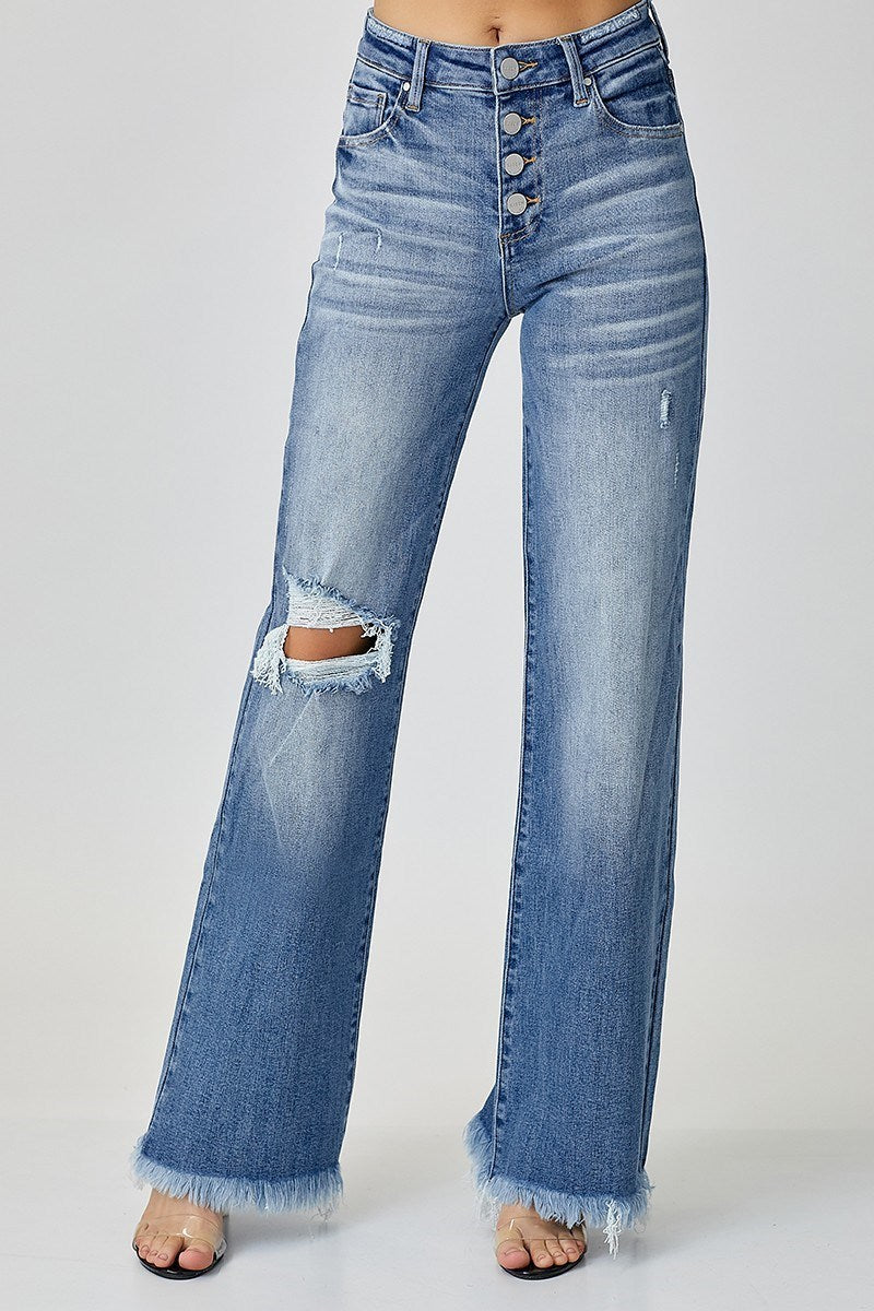 Curvy Mid Rise Distressed Wide Leg Denim