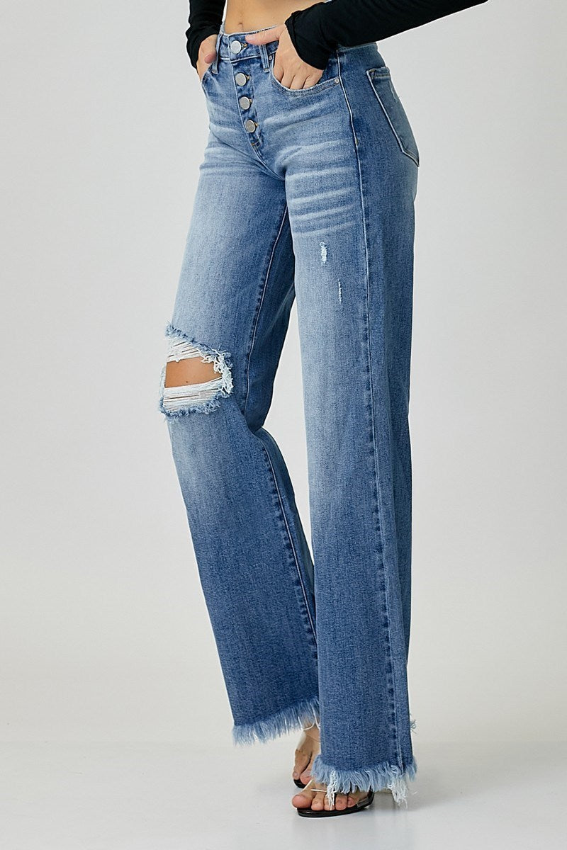 Curvy Mid Rise Distressed Wide Leg Denim