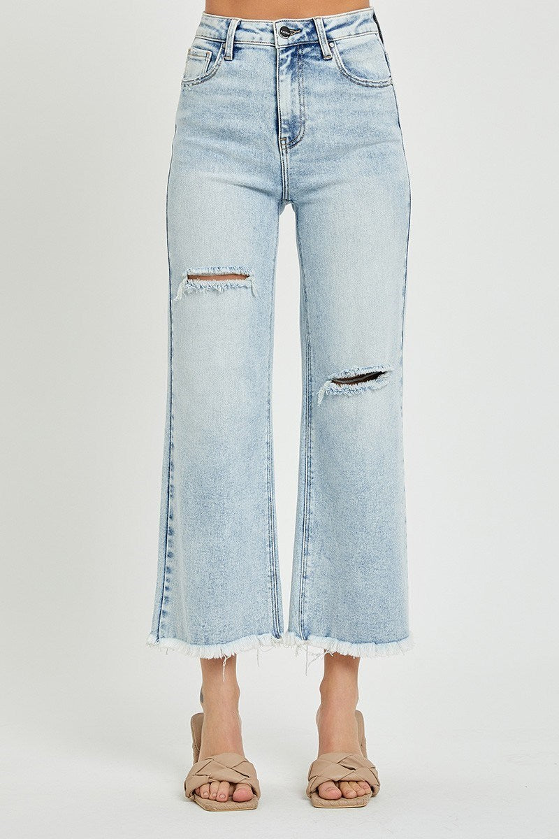 Curvy High Rise Frayed Ankle Wide Jeans