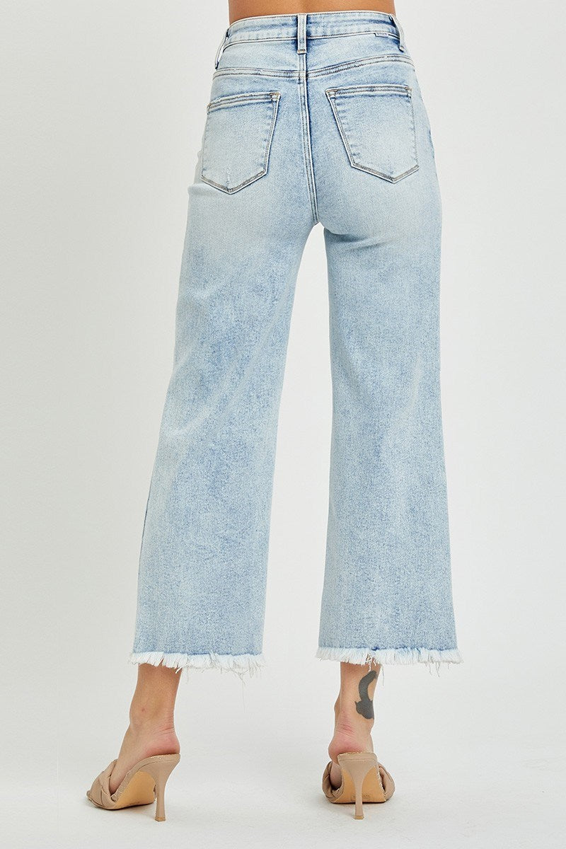Curvy High Rise Frayed Ankle Wide Jeans