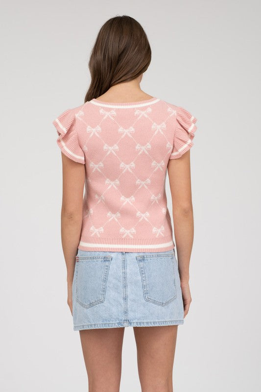 Graphic Bow Ruffle Sleeve Sweater Knit To