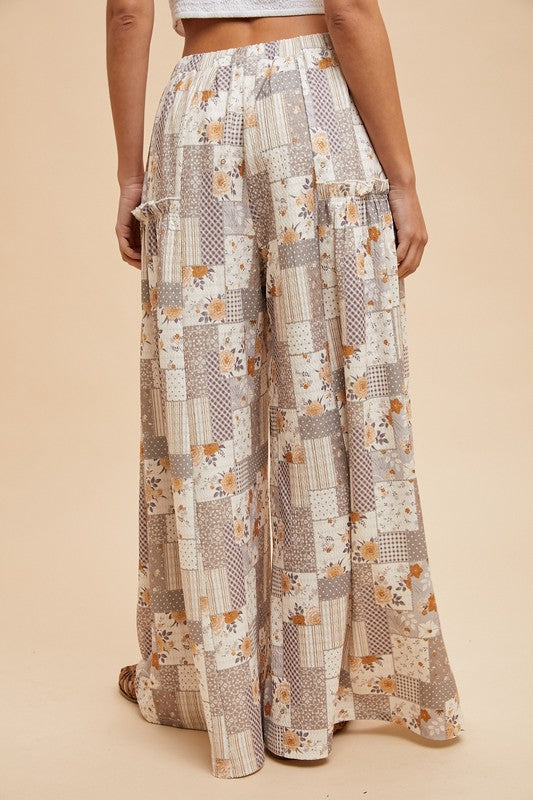 Patchwork Print Textured Knit Wide Leg Pants