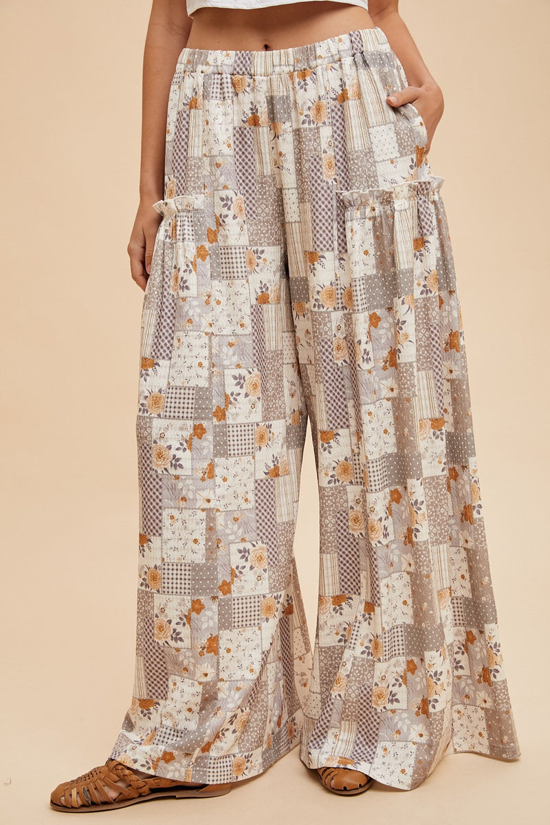 Patchwork Print Textured Knit Wide Leg Pants