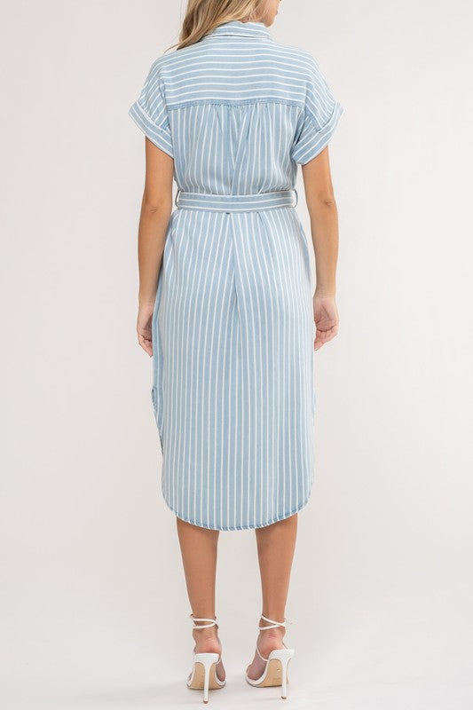 Striped Collar Denim Midi Dress