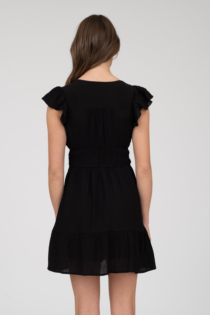 V Neck Short Sleeve Ruffle Detail Mini Dress