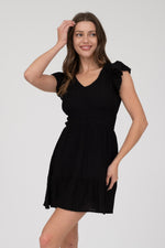 V Neck Short Sleeve Ruffle Detail Mini Dress