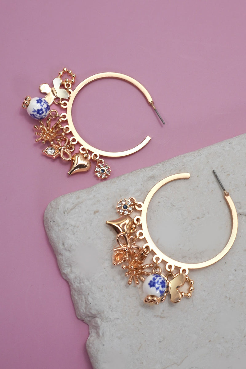 Blue Ceramic Multi Charm Hoop Earrings