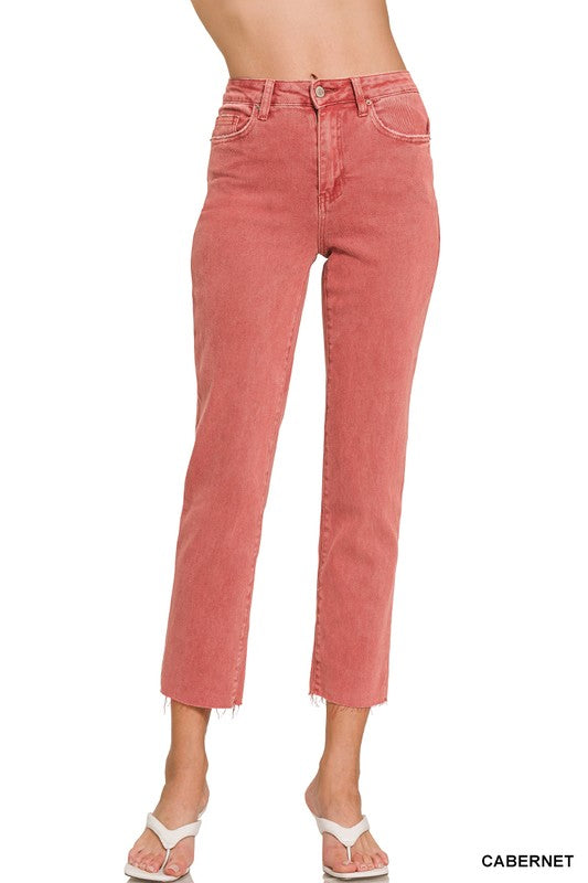 Acid Washed High Waist Cropped Straight Pants