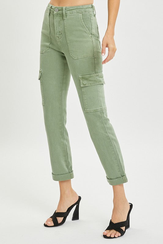 Risen High Rise Cargo Straight Olive Denim