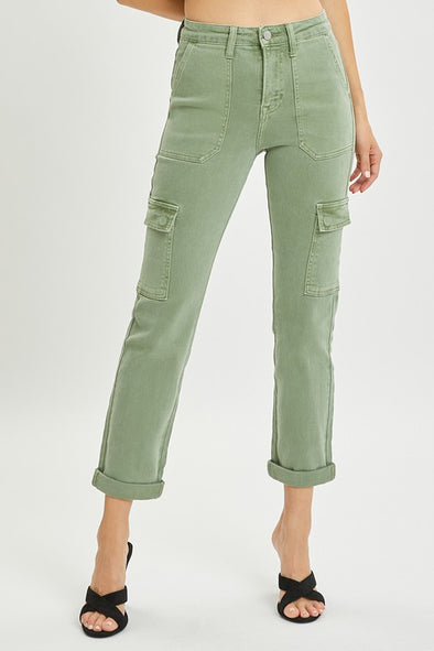 Risen High Rise Cargo Straight Olive Denim