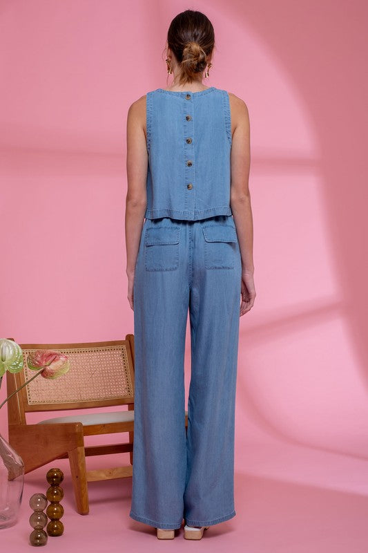 Chambray Elastic Wide Leg Pants