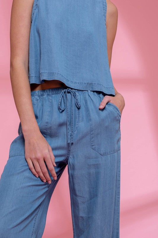 Chambray Elastic Wide Leg Pants