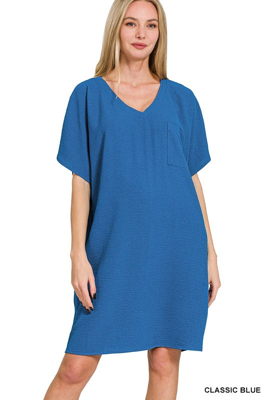 Woven V-Neck T-Shirt Dress With Pockets