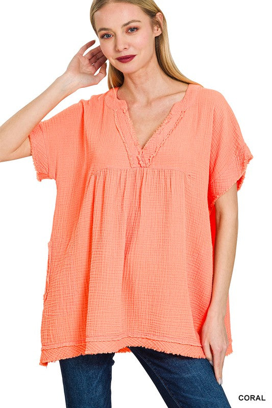 Double Gauze Raw Edge V-Neck