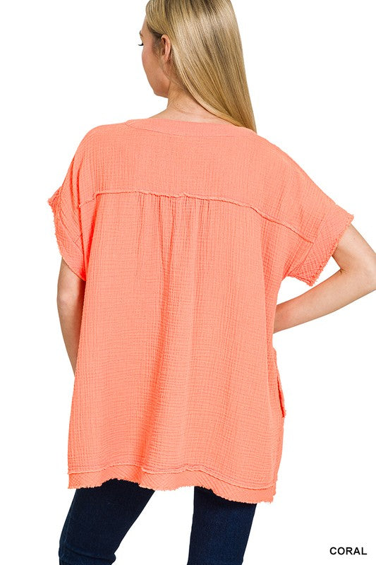Double Gauze Raw Edge V-Neck