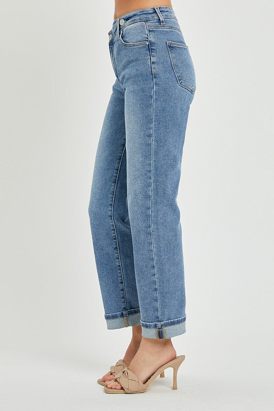 High Rise Crossover Straight Leg Jeans