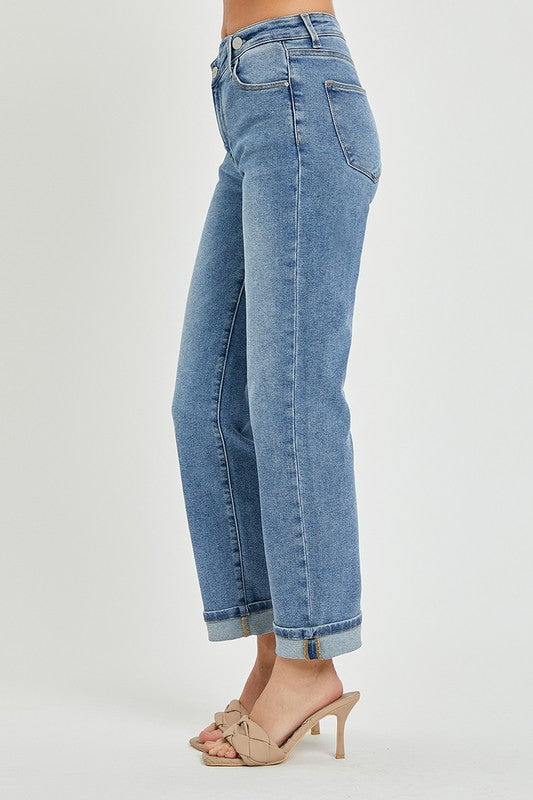 High Rise Crossover Straight Leg Jeans