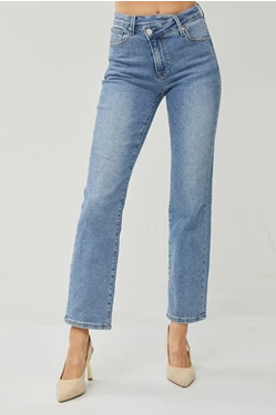 High Rise Crossover Straight Leg Jeans