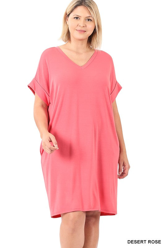 Rolled Sleeve V Neck Dress