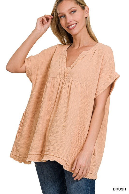 Double Gauze Raw Edge V-Neck